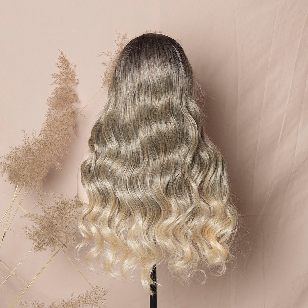 Ombre Ash Blonde Lace Front Wig With Brown Roots Loose Wave