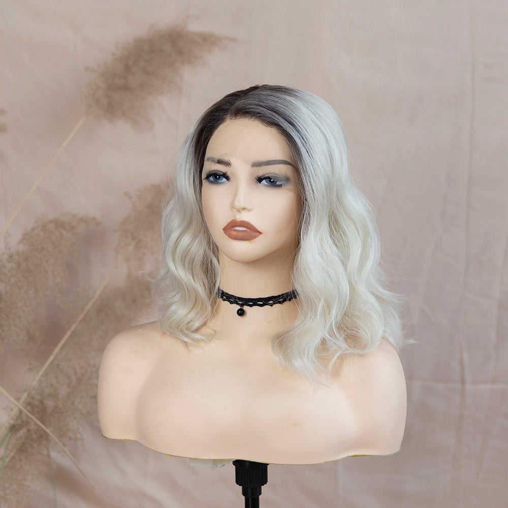 Bob Wig Ombre White Blonde Lace Wig With Dark Roots Natural Wave Synthetic Lace Front Wig