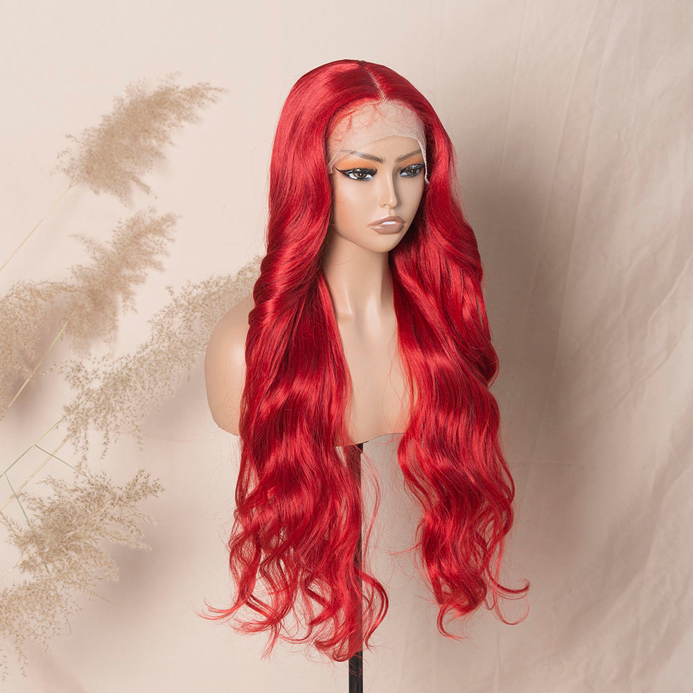 Red Color Glueless Wig Blowout Loose Wave Hair Transparent Lace Wig Synthetic Lace Front Wig