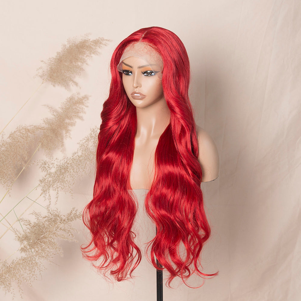 Red Color Glueless Wig Blowout Loose Wave Hair Transparent Lace Wig Synthetic Lace Front Wig