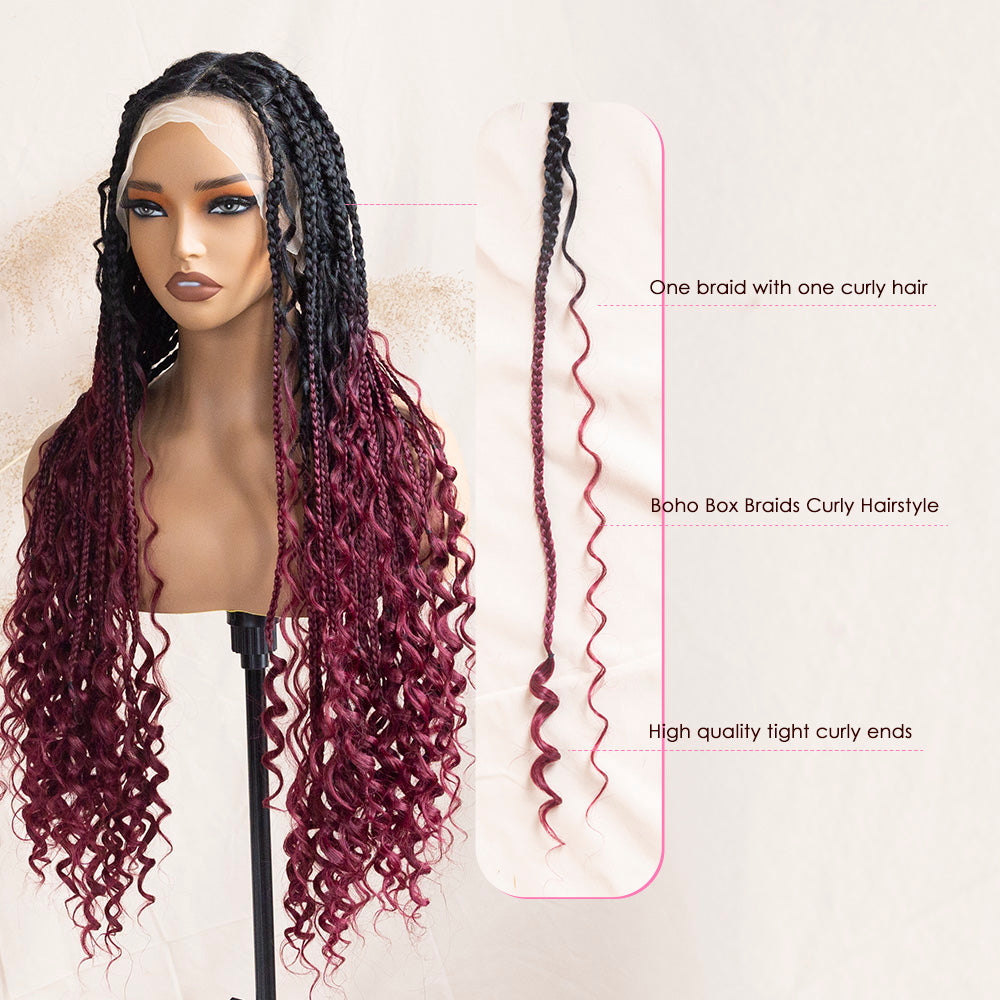 Full Lace Braided Wig Boho Triangle Knotless Braided Wig With Curly Ends Goddess Box Braids Wig