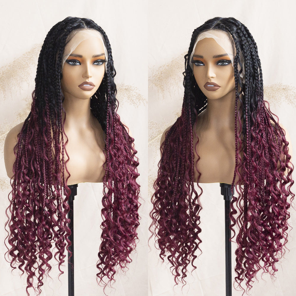 Full Lace Braided Wig Boho Triangle Knotless Braided Wig With Curly Ends Goddess Box Braids Wig