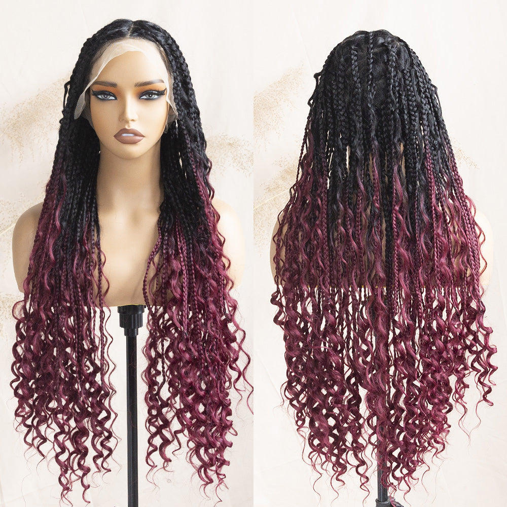 Full Lace Braided Wig Boho Triangle Knotless Braided Wig With Curly Ends Goddess Box Braids Wig