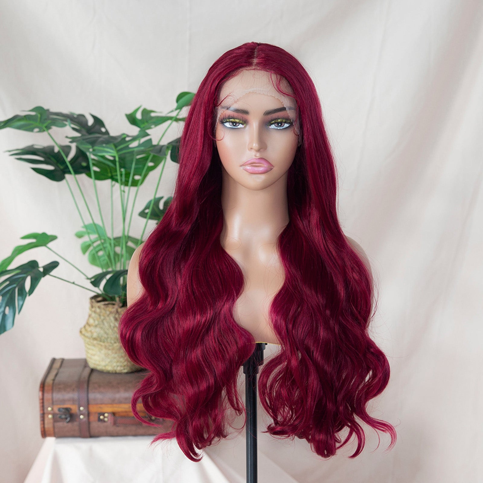 Burgundy Red Body Wave Wig Glueless Synthetic Lace Front Wig