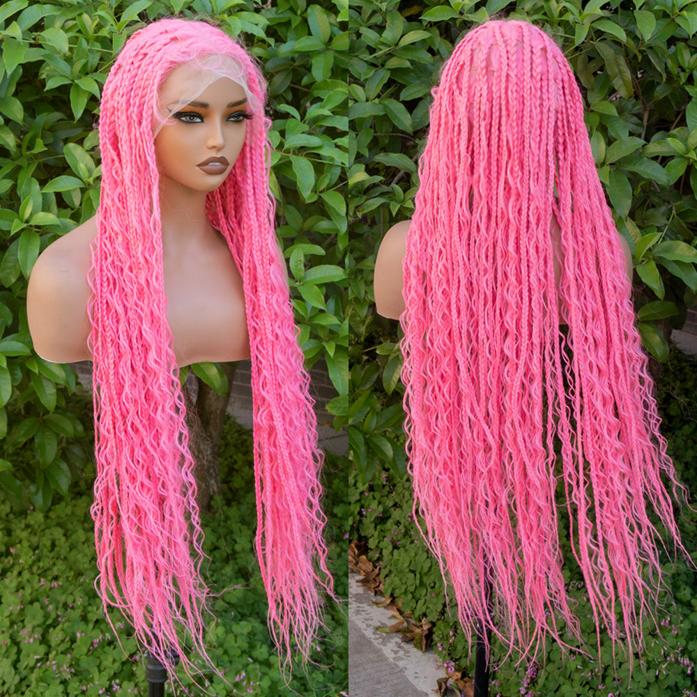 boho box braided wig with curls pink color