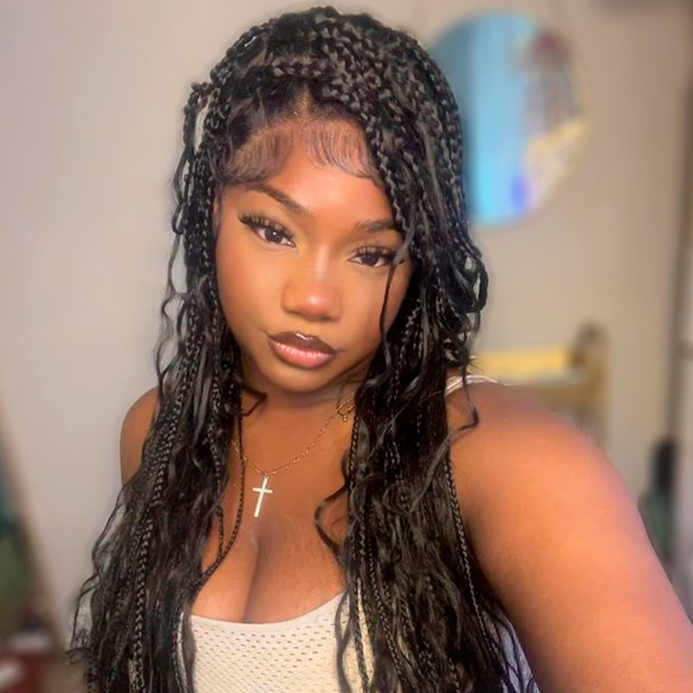 Boho Square Knotless Box Braid Wigs Full Lace Braided Wig Boho Curly Box Braids Wig With Baby Hair