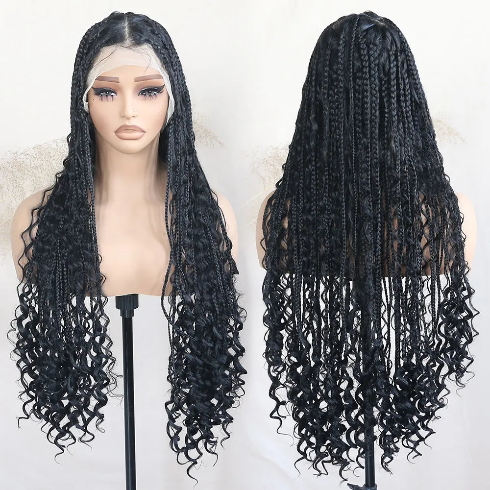 Full Lace Braided Wig Boho Triangle Knotless Braided Wig With Curly Ends Goddess Box Braids Wig