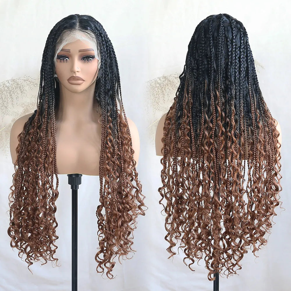 Full Lace Braided Wig Boho Triangle Knotless Braided Wig With Curly Ends Goddess Box Braids Wig