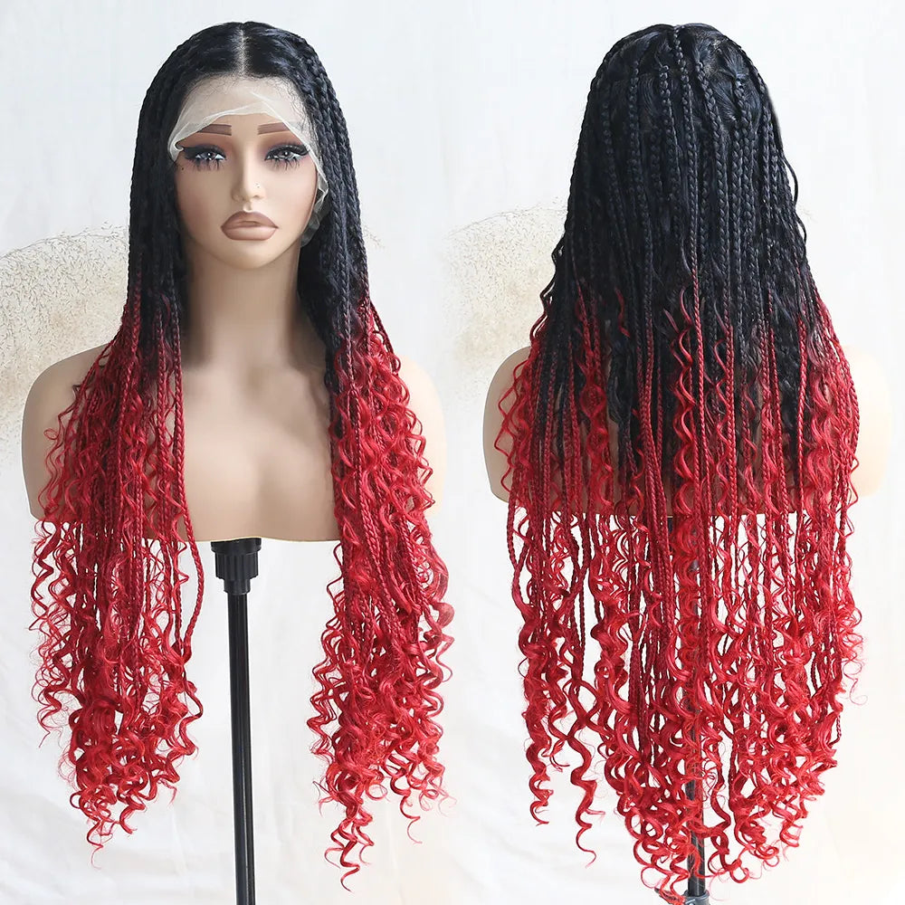 Full Lace Braided Wig Boho Triangle Knotless Braided Wig With Curly Ends Goddess Box Braids Wig