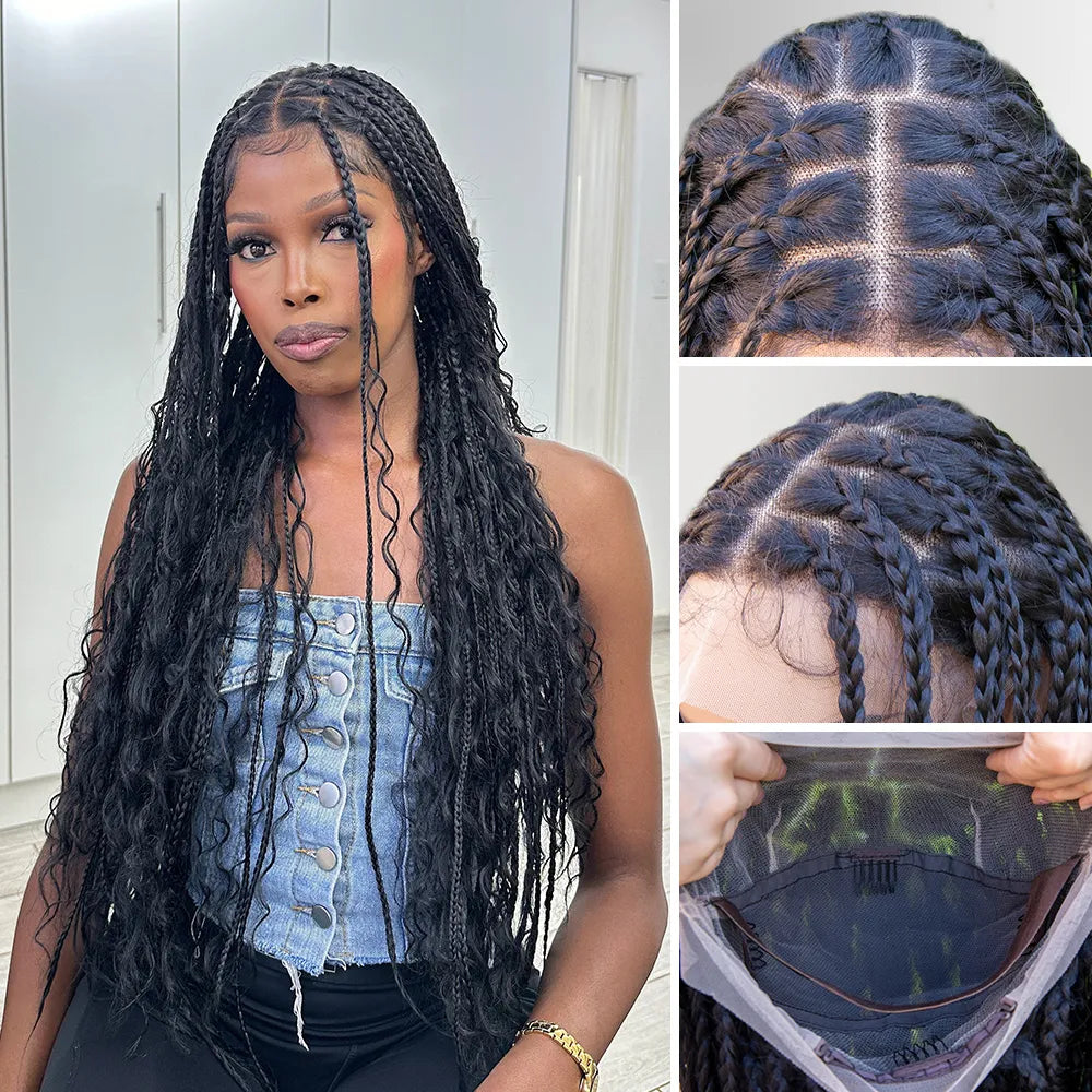 Boho Square Knotless Box Braid Wigs Full Lace Braided Wig Boho Curly Box Braids Wig With Baby Hair