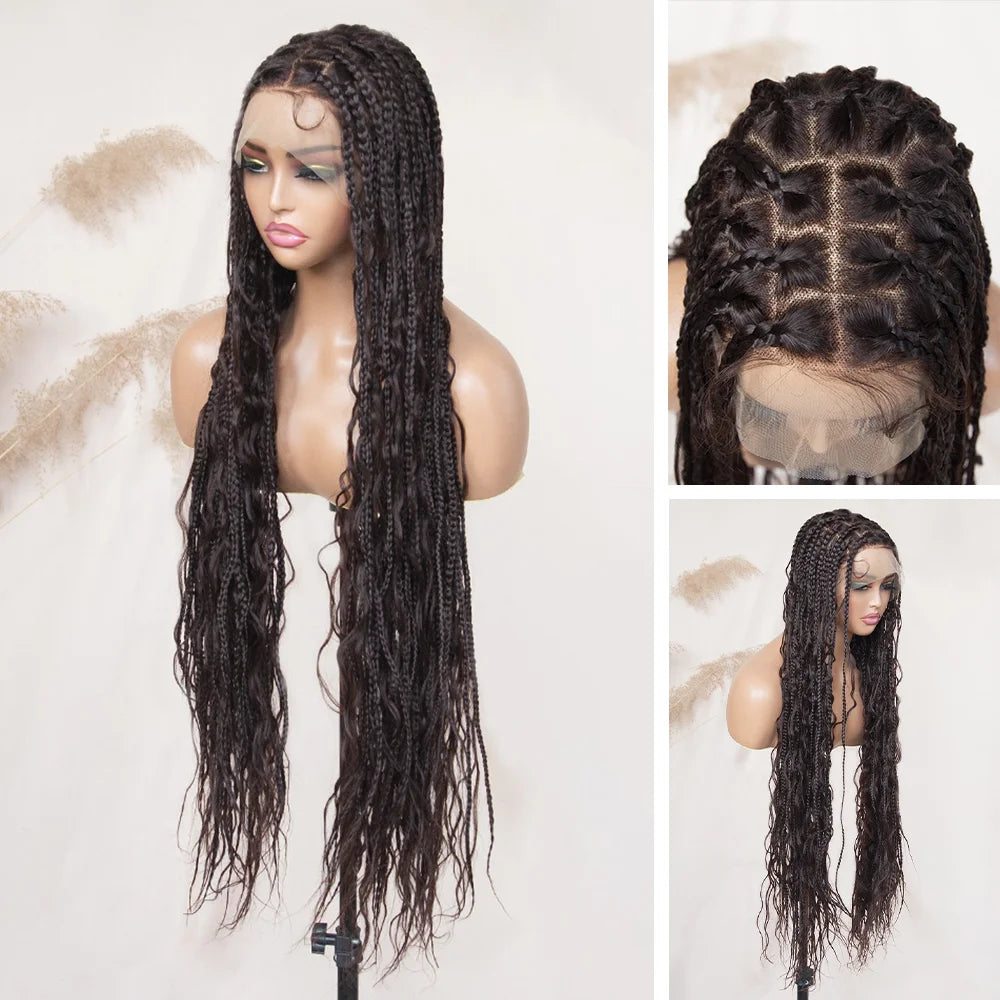 Boho Square Knotless Box Braid Wigs Full Lace Braided Wig Boho Curly Box Braids Wig With Baby Hair