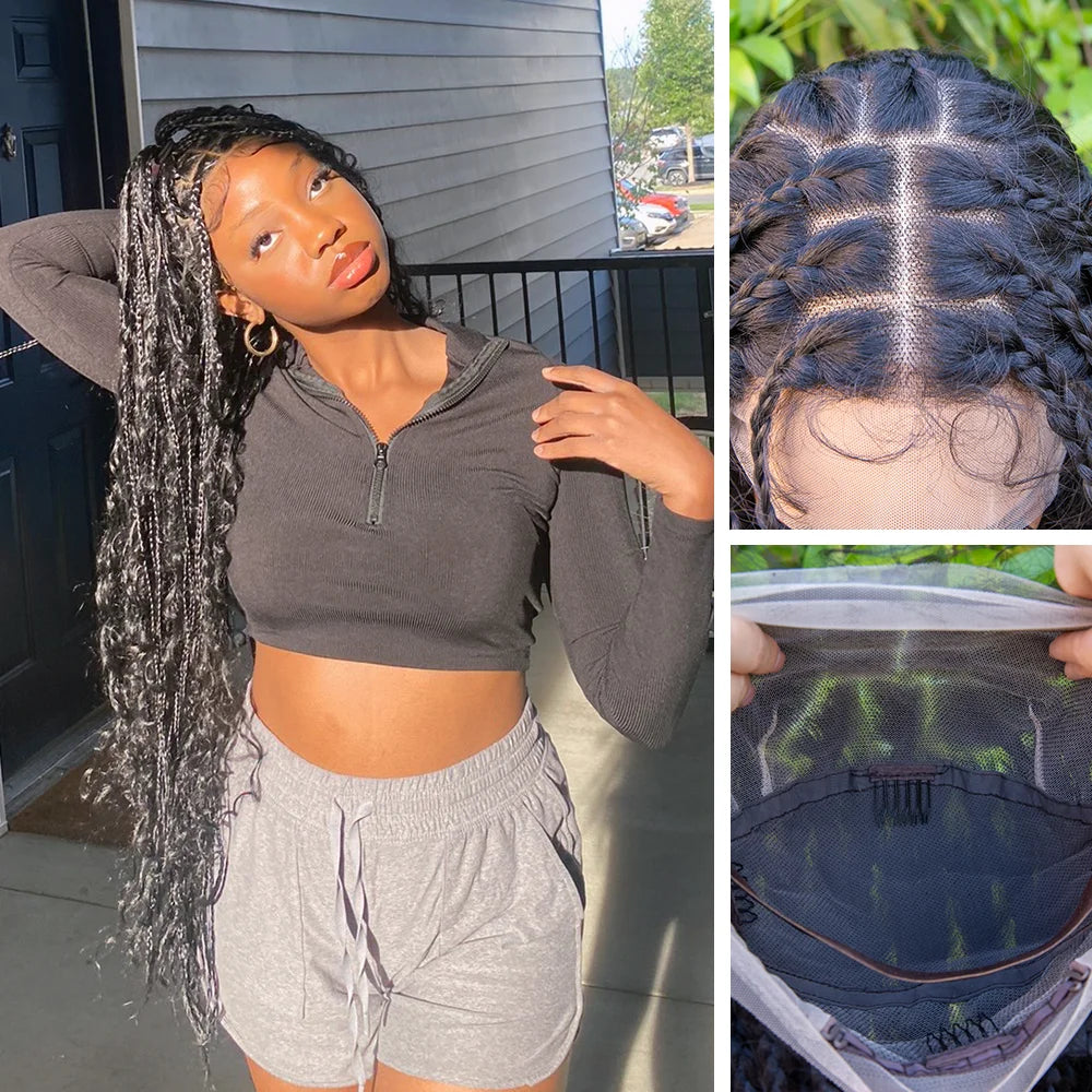 Boho Square Knotless Box Braid Wigs Full Lace Braided Wig Boho Curly Box Braids Wig With Baby Hair