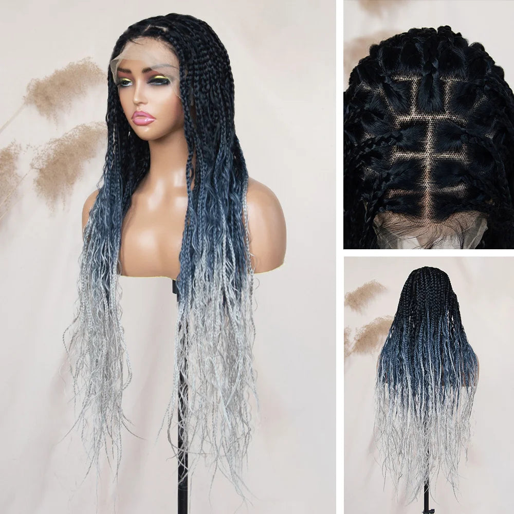 Boho Square Knotless Box Braid Wigs Full Lace Braided Wig Boho Curly Box Braids Wig With Baby Hair