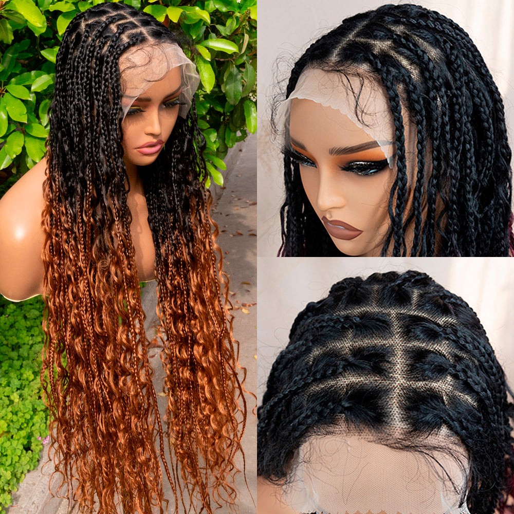 Boho Square Knotless Box Braid Wigs Full Lace Braided Wig Boho Curly Box Braids Wig With Baby Hair