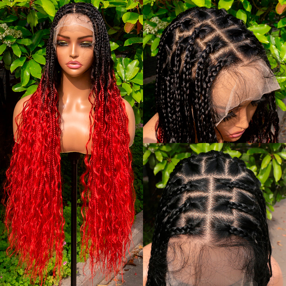 Boho Square Knotless Box Braid Wigs Full Lace Braided Wig Boho Curly Box Braids Wig With Baby Hair