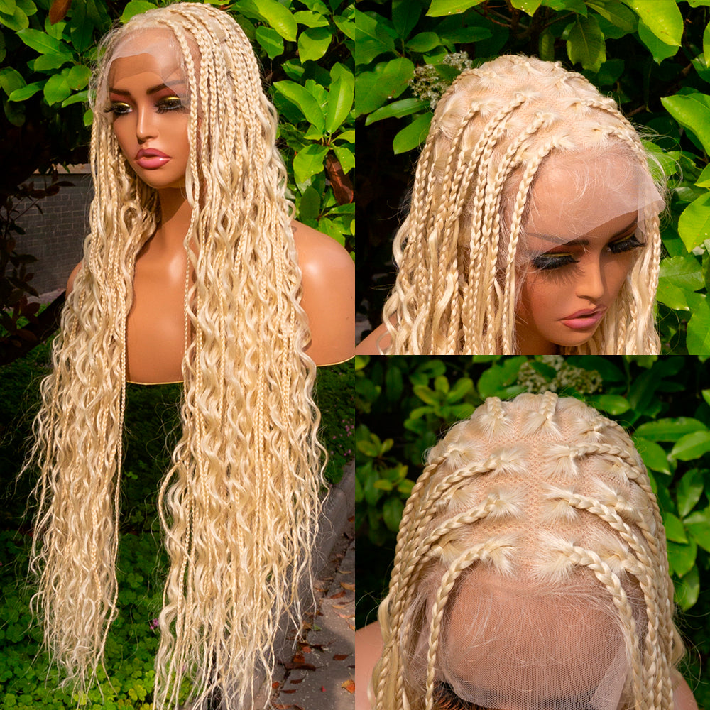 Boho Square Knotless Box Braid Wigs Full Lace Braided Wig Boho Curly Box Braids Wig With Baby Hair