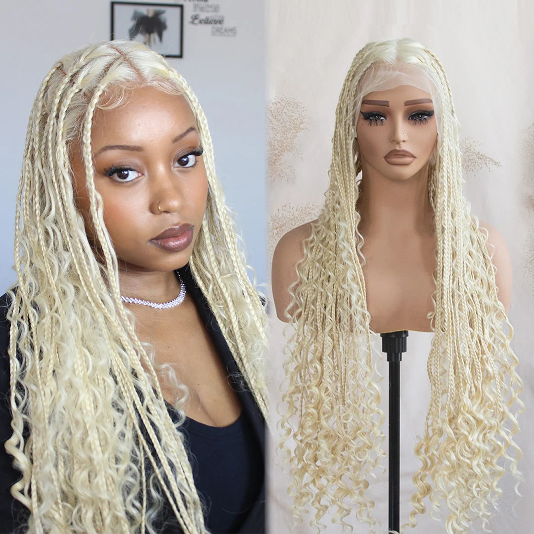 Full Lace Braided Wig Boho Triangle Knotless Braided Wig With Curly Ends Goddess Box Braids Wig