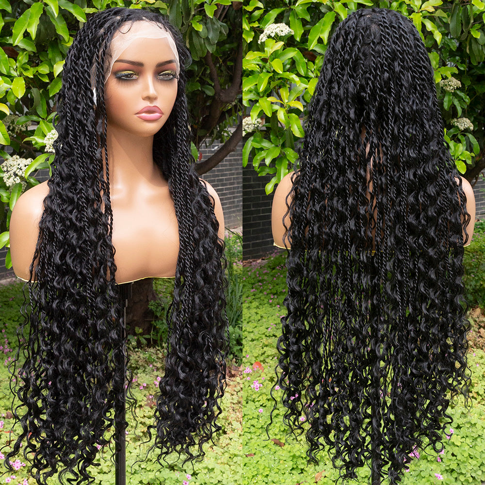 Boho Twist Braided Full Lace Wig Knotless Senegalese Twists With Curly Ends