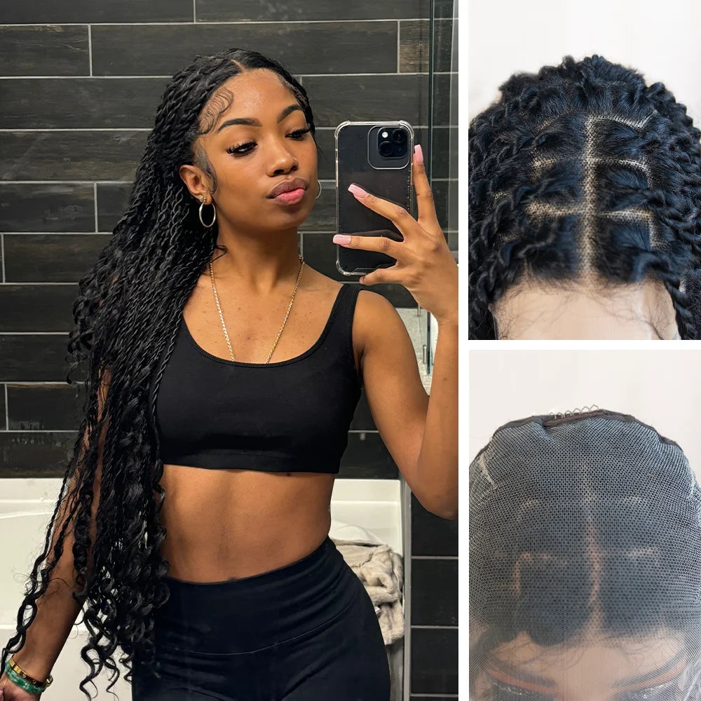 Boho Twist Braided Full Lace Wig Knotless Senegalese Twists With Curly Ends