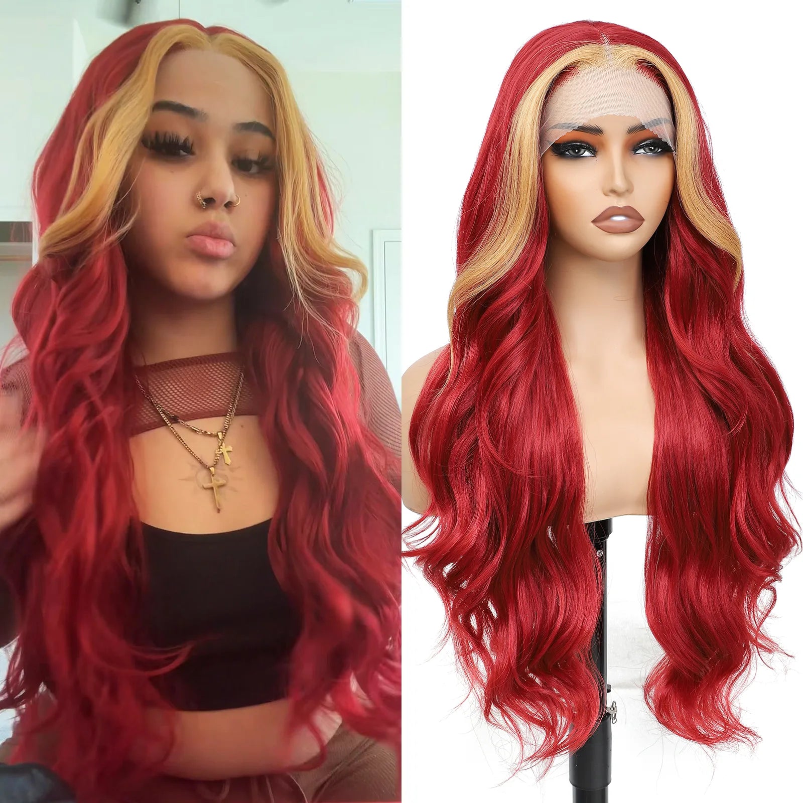 FABÉLLE Body Wave 30inch Glueless 13×4×1 Middle part Lace Wig Pre-plucked Synthetic Lace Front Wig for women Wavy Blonde daily style synthetic heat